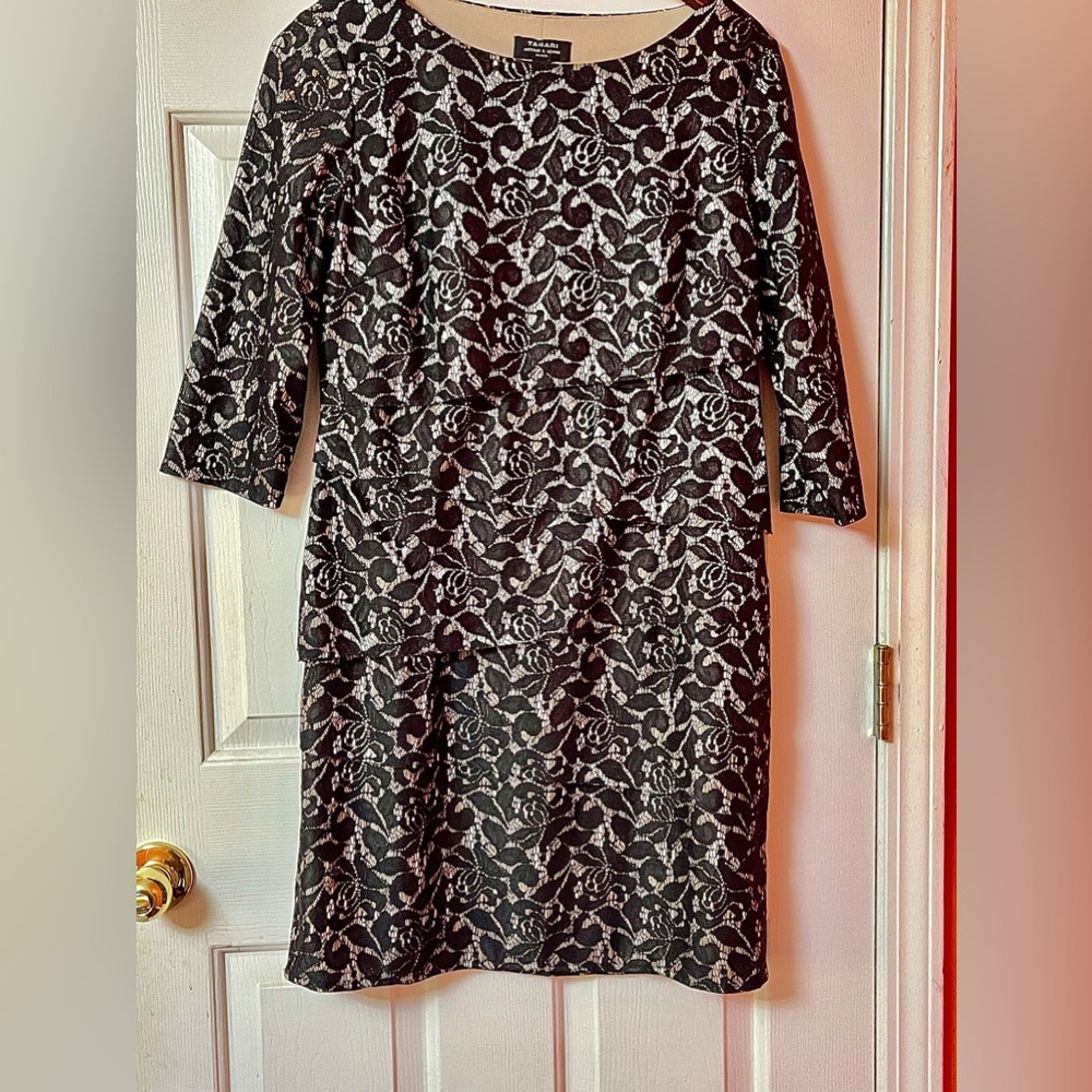 Tahari cocktail dress size 10P. Black muted floral lace over beige satin fabric